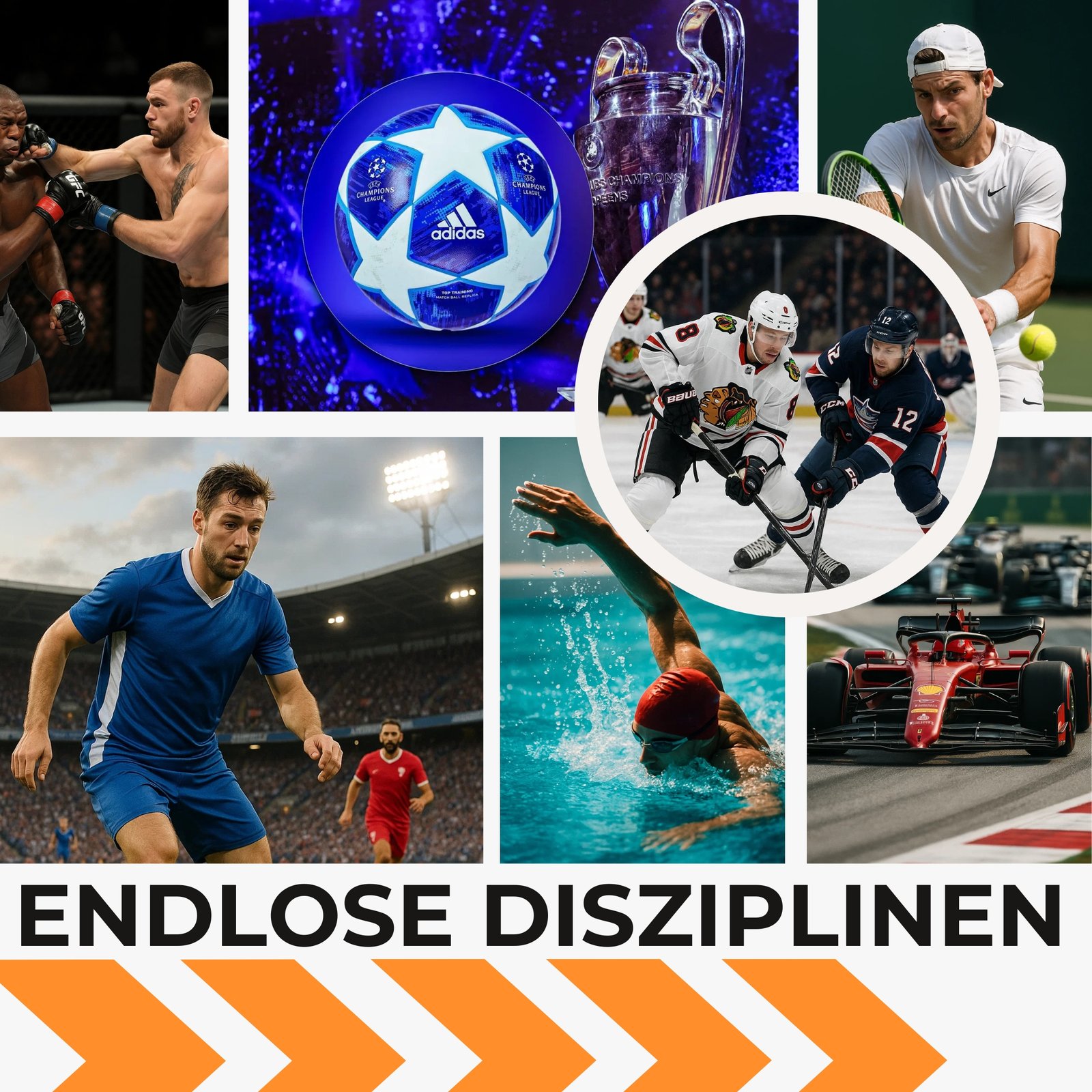 Smart IPTV Sport – Endlose Disziplinen: Fußball, Formel 1, Eishockey, Tennis, MMA und Schwimmen in einer Collage