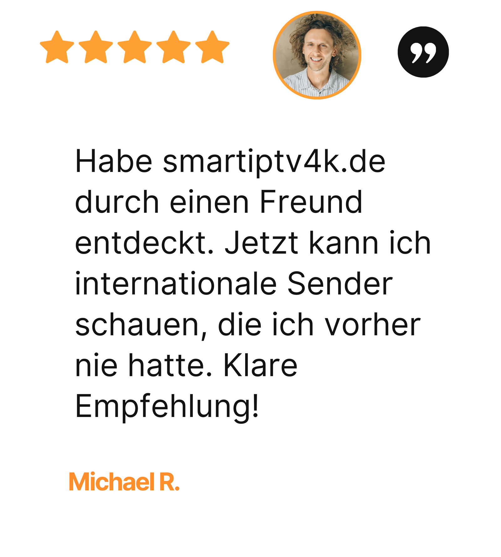 Smart IPTV Kundenrezension – 5-Sterne Google-Bewertung mit Profilfoto und Zitat