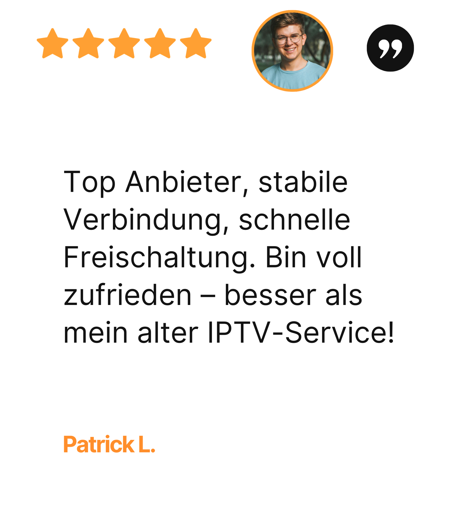 Smart IPTV Kundenrezension – 5-Sterne Google-Bewertung mit Profilfoto und Zitat