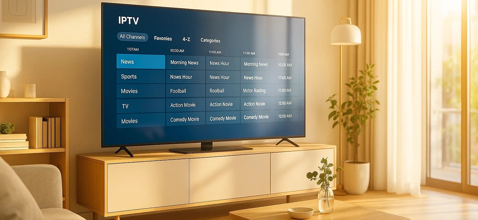 Smart IPTV Menü auf Smart-TV im Wohnzimmer – Kategorien wie News, Sports, Movies und TV mit übersichtlichem EPG.