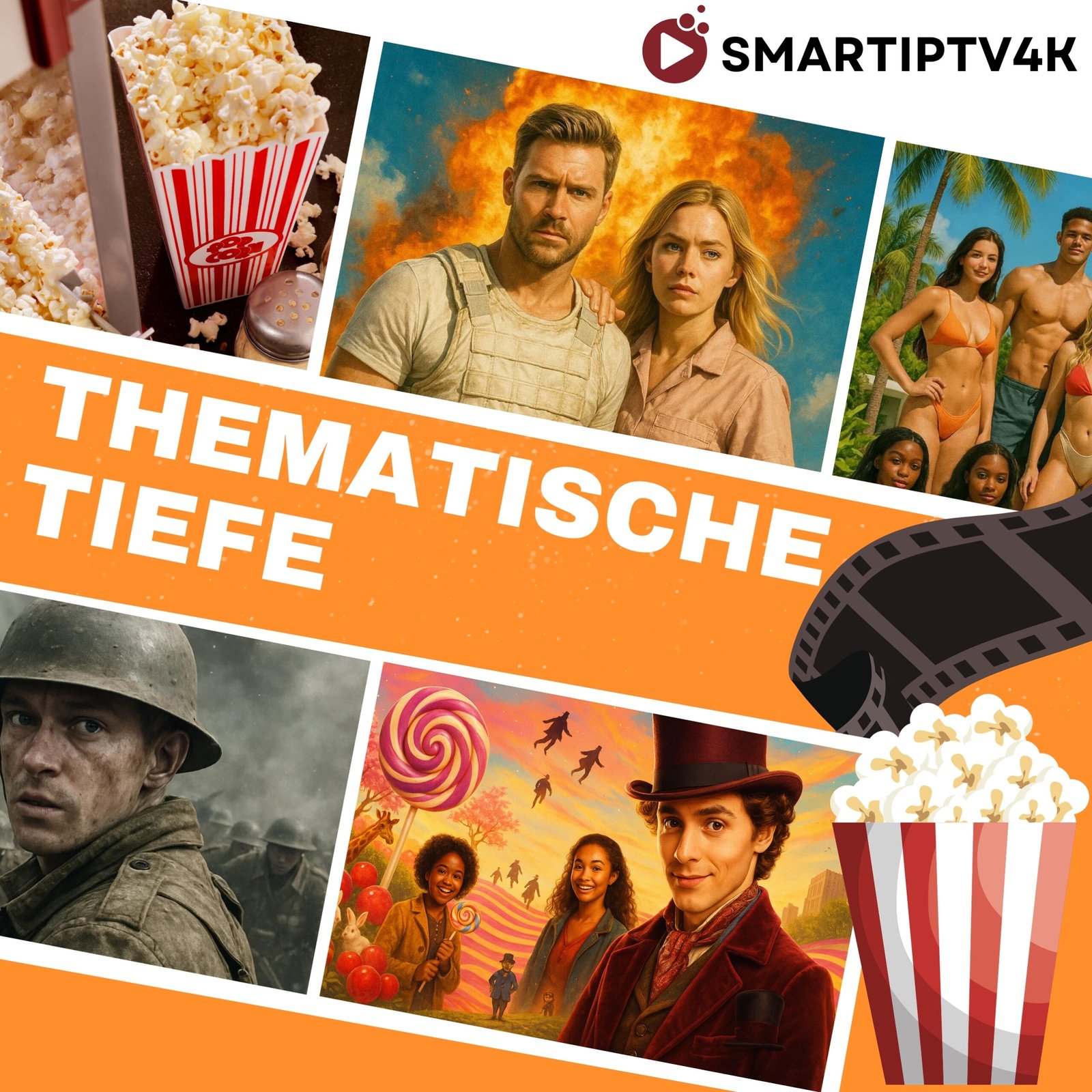 Smart IPTV 4K Film-Collage – thematische Tiefe mit Action, Drama, Comedy & Popcorn